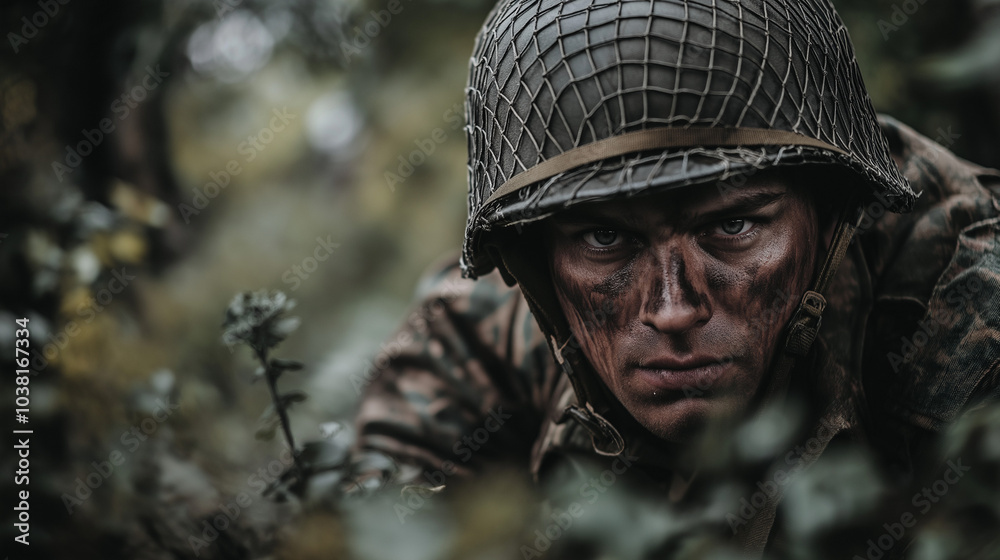 A WWII soldier crouching behind cover in a battlefield setting, dressed in authentic gear. v2 A WWII soldier crouching behind cover in a battlefield setting, dressed in authentic gear. v2