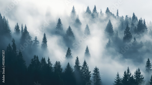 A foggy forest with trees emerging like specters photo