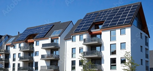 Apartment building with solar panels on roof, sustainable urban living, eco-friendly residential development, renewable energy integration, clean energy solutions, green building