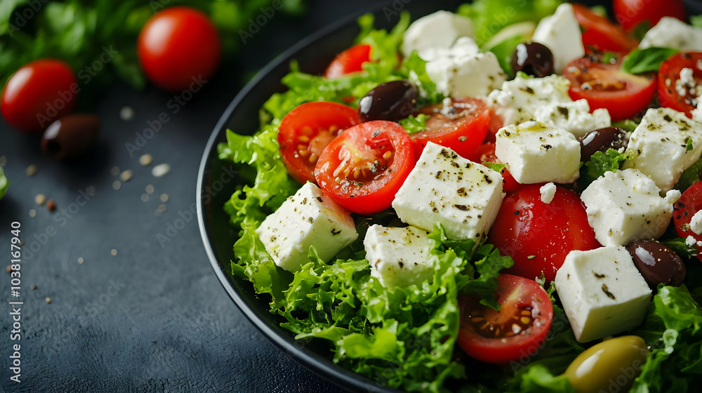 Greek Salad with Feta Cheese, Tomatoes and Olives. Greek Salad with Feta Cheese, Tomatoes and Olives.