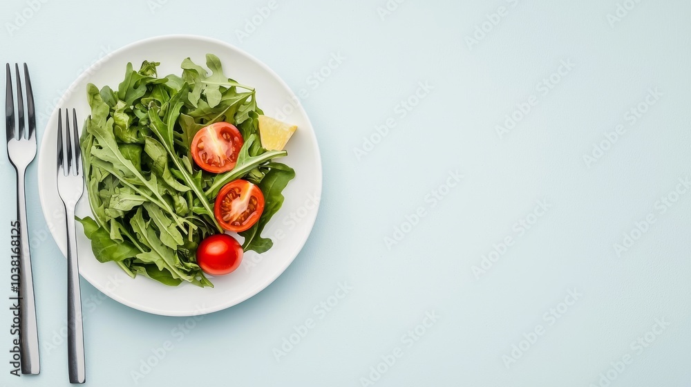 Fresh and Healthy Dinner Concept with Arugula Salad and Tomatoes on a White Plate with Forks on Light Blue Background Fresh and Healthy Dinner Concept with Arugula Salad and Tomatoes on a White Plate with Forks on Light Blue Background
