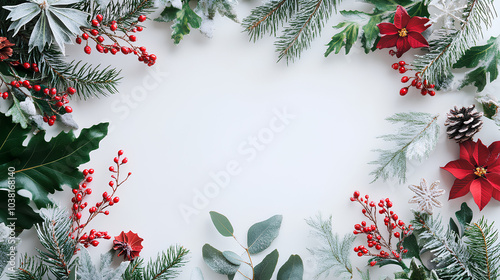 A white background bordered by various festive greenery and red berries with hints of snow.