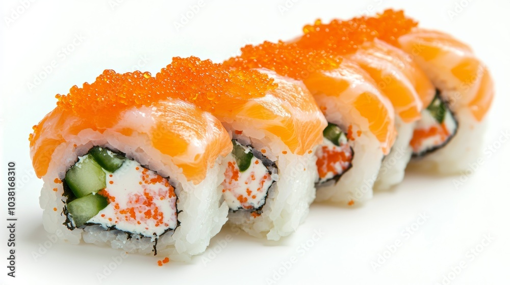 Fresh and Delicious Sushi Rolls with Salmon and Caviar on White Background Fresh and Delicious Sushi Rolls with Salmon and Caviar on White Background