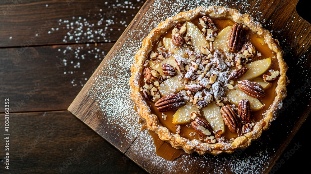 Pear and pecan tart, isolated on a wooden board with caramel drizzle and a sprinkle of powdered sugar Pear and pecan tart, isolated on a wooden board with caramel drizzle and a sprinkle of powdered sugar