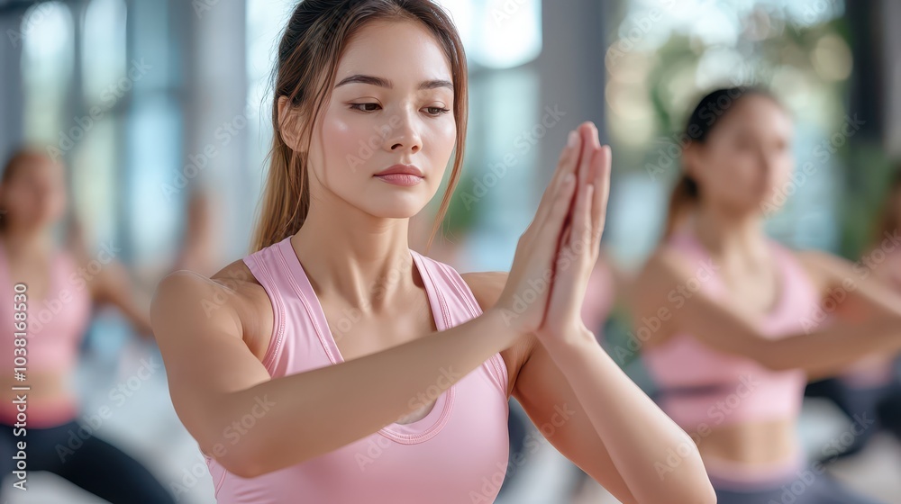 Empowering Female Fitness Instructor Leading Dynamic Yoga Class in Bright Sunlit Studio Empowering Female Fitness Instructor Leading Dynamic Yoga Class in Bright Sunlit Studio