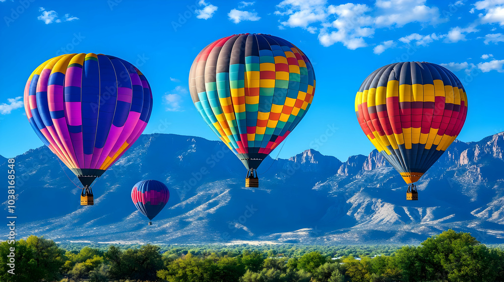 Fototapeta premium Hot Air Balloons Soaring Over Mountain Range.