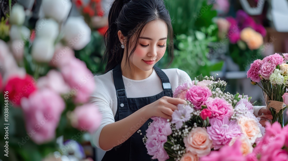 Fototapeta premium Talented Female Florist Crafting Exquisite Wedding Bouquet Amidst Vibrant Floral Wonderland with Precision and Care
