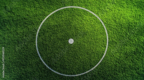 A soccer field's center circle with the grass and center mark, outdoor setting with bright daylight, Clean style