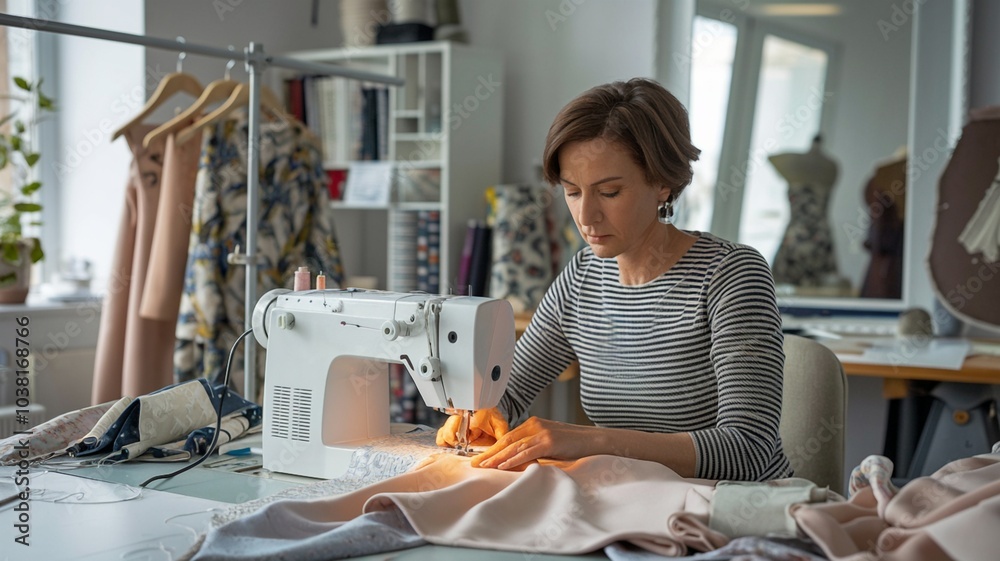 Fashion designer working on a dress in a bright studio