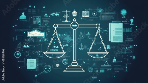 The digital scales of justice are surrounded iconic representing various components such as legal documents, symbols of legal cooperation, and details of the justice system.