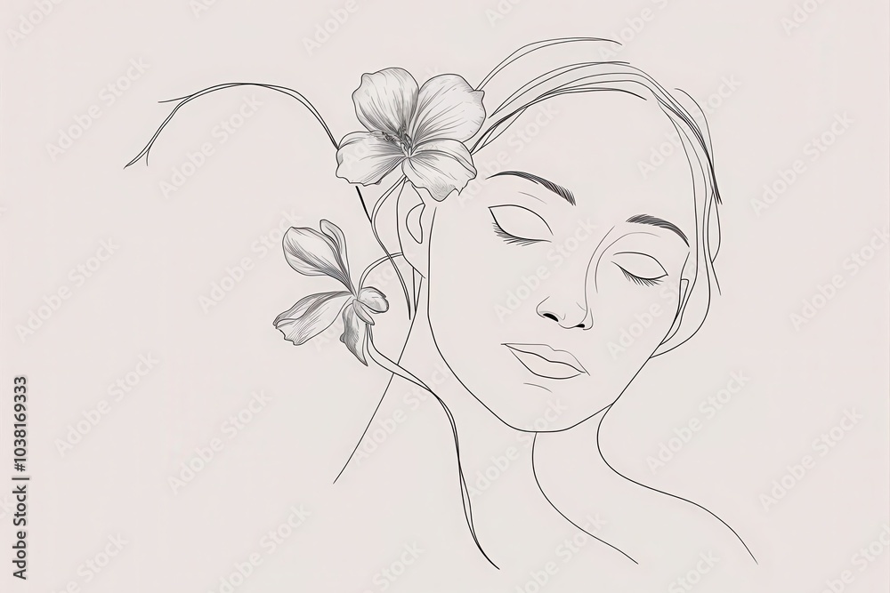 Elegant Pencil Sketch of a Woman with a Delicate Flower Elegant Pencil Sketch of a Woman with a Delicate Flower