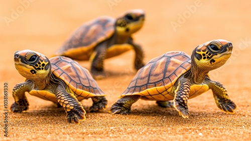 Three baby turtles are standing on a sandy surface. They are all facing the same direction. One of the turtles is on the left, one is in the middle, and the third is on the right photo