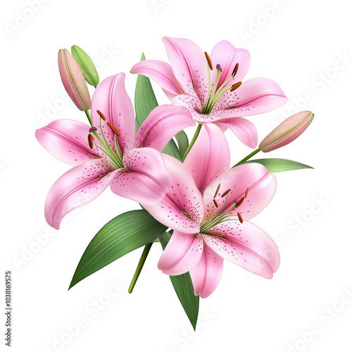 Beautiful pink lilies, white isolate background