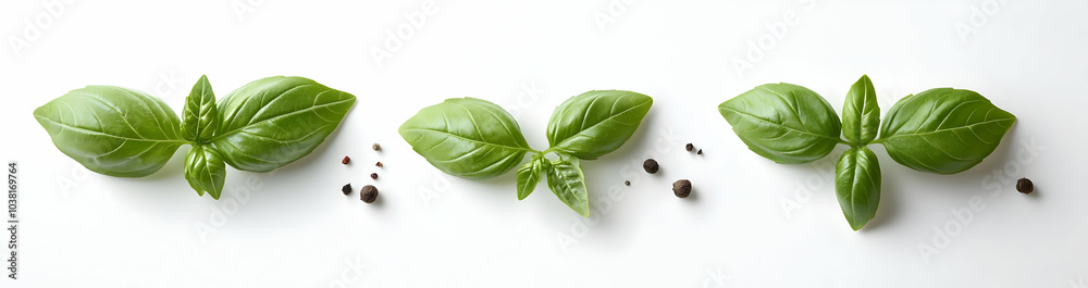 Fresh Basil Leaves and Peppercorns on White Background. Fresh Basil Leaves and Peppercorns on White Background.