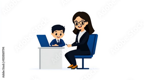 Learning Together: A cheerful illustration of a teacher guiding a student on a laptop, fostering a positive and supportive learning environment. 