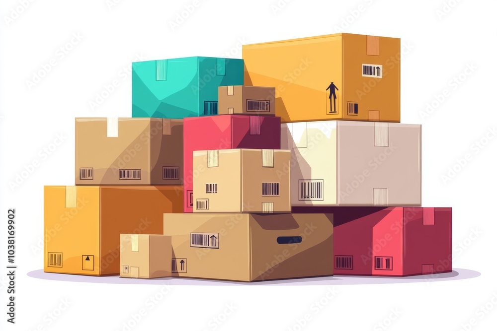 Stack of Cardboard Boxes with Barcodes and Up Arrow Symbols Stack of Cardboard Boxes with Barcodes and Up Arrow Symbols