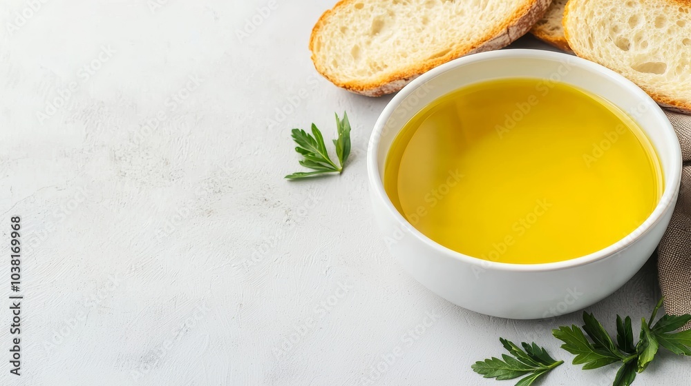 Elegant Dinner Concept with Fresh Bread and Olive Oil on a Light Background Elegant Dinner Concept with Fresh Bread and Olive Oil on a Light Background