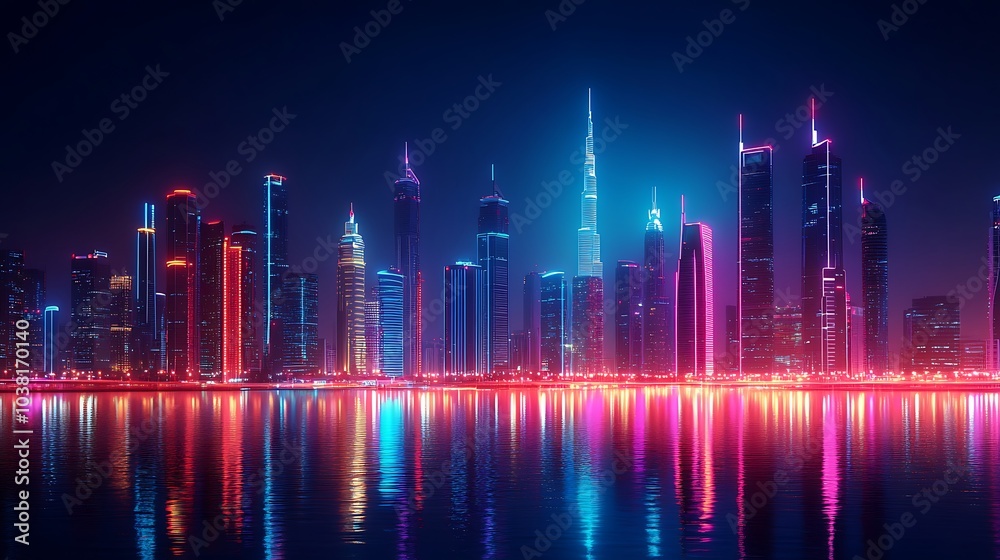 Urban futuristic city sparkling with neon lights on water image Urban futuristic city sparkling with neon lights on water image
