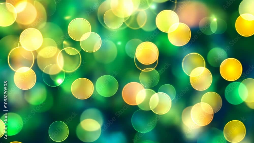 A blurry green background with yellow and green bokeh circles