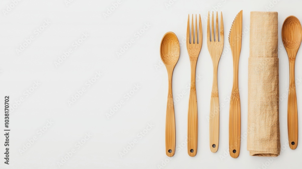 Eco-Friendly Bamboo Cutlery Set and Cloth Napkin on White Background Promoting Zero Waste Lifestyle and Sustainable Living Eco-Friendly Bamboo Cutlery Set and Cloth Napkin on White Background Promoting Zero Waste Lifestyle and Sustainable Living
