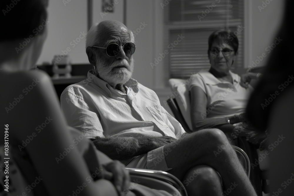 Elderly couple sitting in the lobby of a hospital. Black and white. Elderly couple sitting in the lobby of a hospital. Black and white.