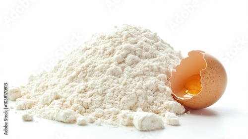 A mound of wheat flour on a white background, with a cracked eggshell nearby, symbolizing fresh ingredients for homemade recipes. --chaos