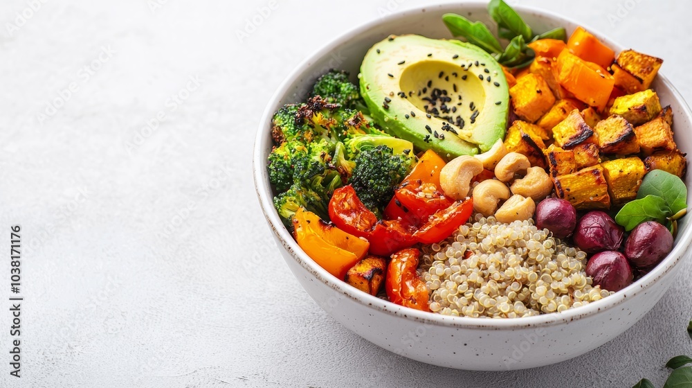 Healthy Dinner Concept with Quinoa, Avocado, Roasted Vegetables, and Nuts in a White Bowl on a Light Background