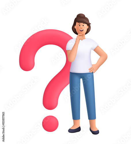 Woman standing near a big question mark and thinking of a solution. Choice, problem solving concept. 3d vector people character. Cartoon minimal style.