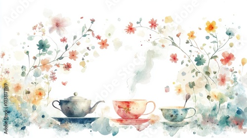 A charming watercolor illustration featuring teapots and cups surrounded by vibrant floral patterns, perfect for tea lovers.