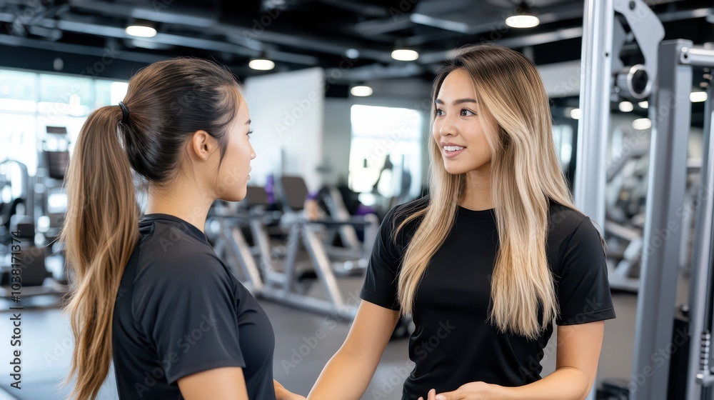 Empowering Fitness Journey Female Personal Trainer Guiding Client Through Effective Workout Routines in a Modern Gym Setting Empowering Fitness Journey Female Personal Trainer Guiding Client Through Effective Workout Routines in a Modern Gym Setting
