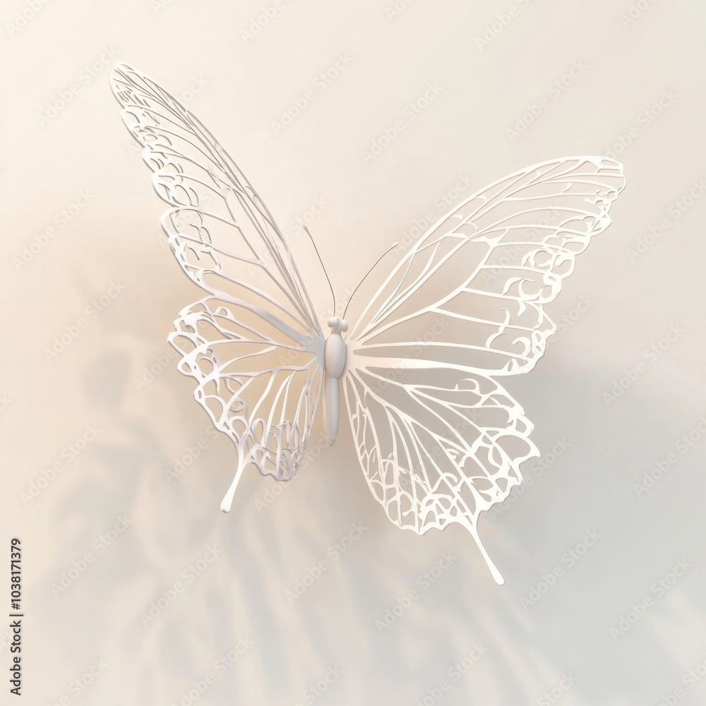 Obraz premium Elegant flying butterfly in minimalistic 3D rendering isolated on a white background for festive designs