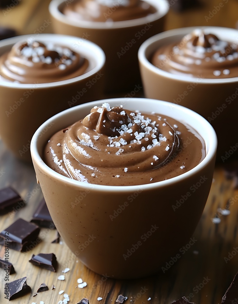 Creamy chocolate mousse topped with sea salt in small cups, ideal for dessert. Creamy chocolate mousse topped with sea salt in small cups, ideal for dessert.