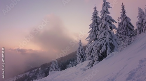 Impressive winter morning in mountains with snow-covered fir trees. Colorful outdoor scene,
 Happy New Year celebration concept. Art style post-processed photos.