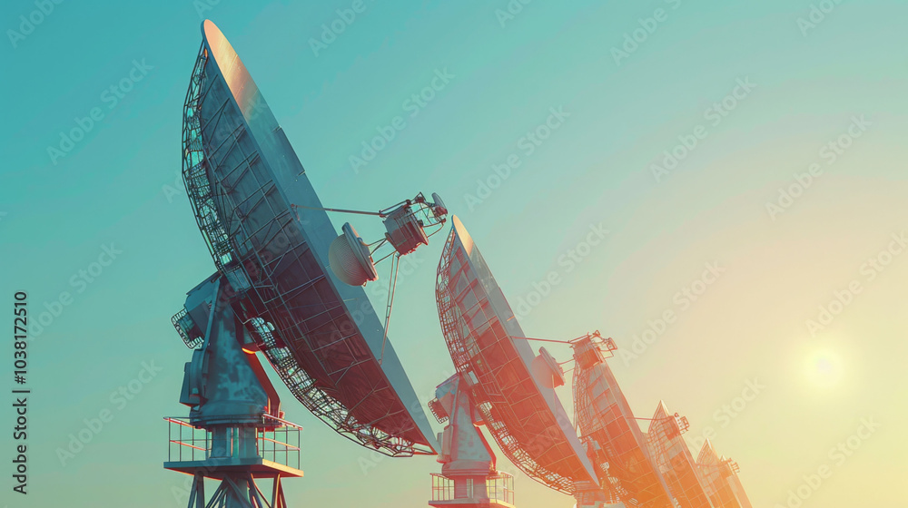 Image showcasing Detailed perspective of satellite antenna array capturing sunlight ...