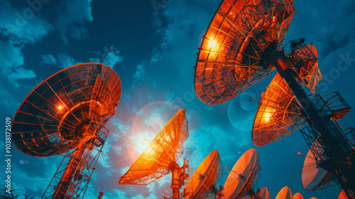 detailed perspective of satellite antenna array against vibrant sky, showcasing intricate design and technology of communication systems. scene evokes sense of innovation and connectivity