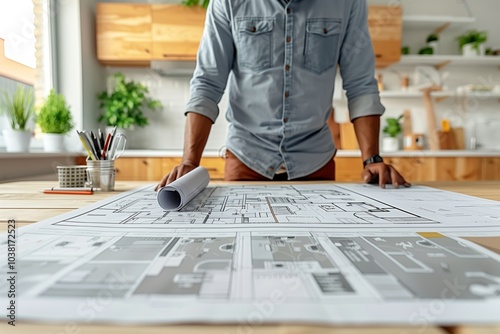 Man examining blueprints on wooden table. Modern kitchen background. Natural light. Focus on planning and design. Casual attire suggests home renovation project