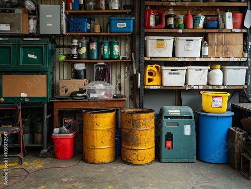 Cluttered garage storage with various containers, barrels, and shelves. Colorful plastic bins, metal drums, and cardboard boxes. Industrial and DIY atmosphere