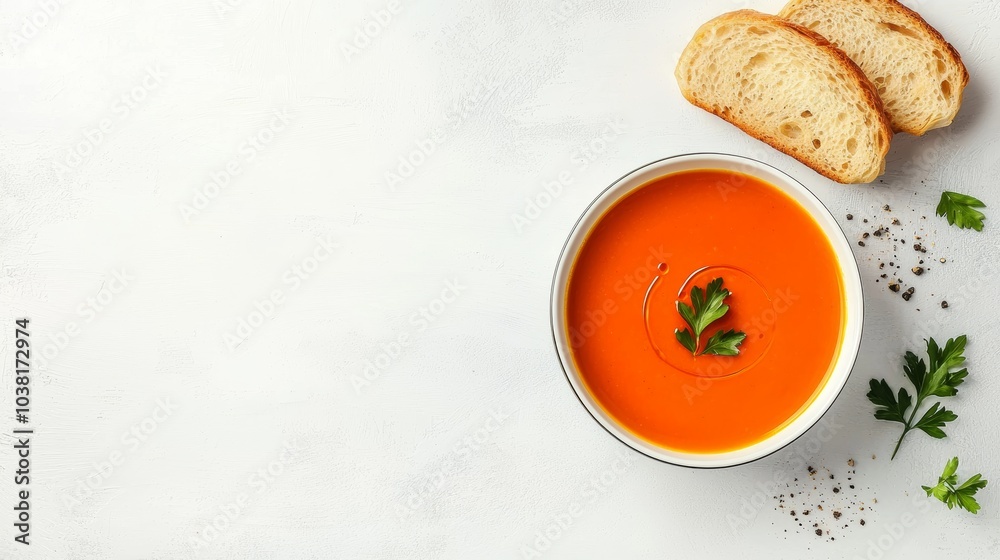 Elegant Dinner Concept with Fresh Tomato Soup and Bread on White Background Elegant Dinner Concept with Fresh Tomato Soup and Bread on White Background