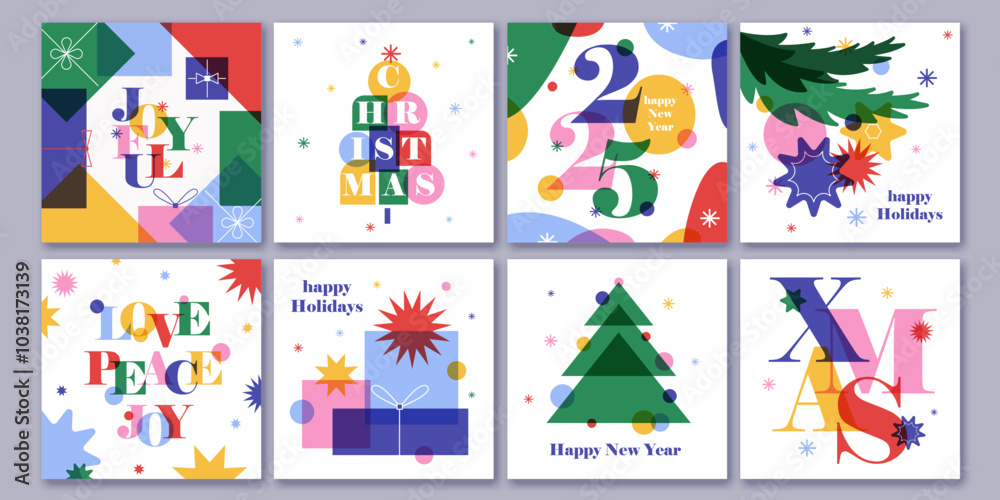 Fototapeta premium Set of creative colorful cards, flyers, posters for 2025 New Year. Numbers design. Christmas greetings. Modern minimal flat style. Bright colors. Confetti, gift boxes, bell, Christmas trees.