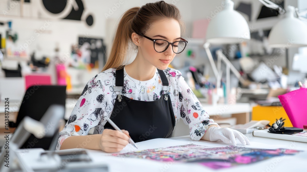 Fototapeta premium Innovative Female Textile Designer Crafting Vibrant Patterns for Fabrics in a Colorful and Inspiring Design Studio