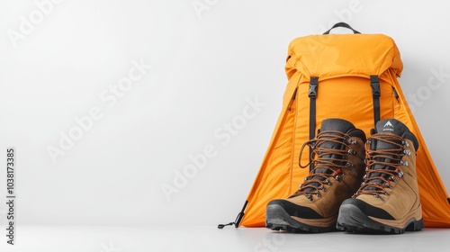 Essential Adventure Equipment for Camping and Climbing: Orange Backpack and Sturdy Hiking Boots photo