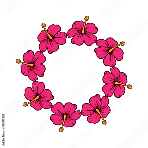 Navidad en Hawái. Decoración primaveral. Logo con corona navideña con flores de hibisco para tarjetas y felicitaciones de Navidad