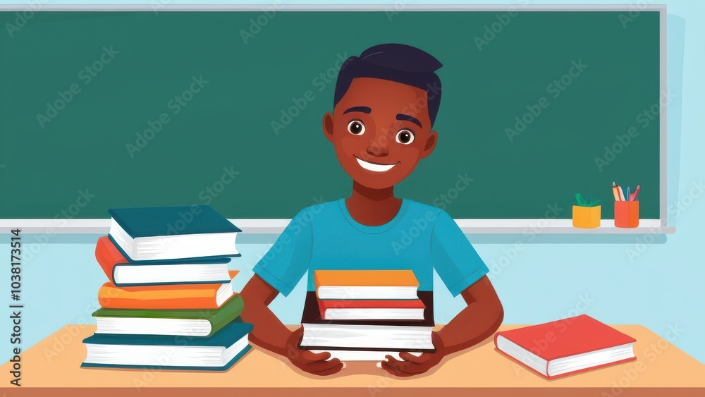 Illustration of a student holding a stack of books, sitting at a desk Illustration of a student holding a stack of books, sitting at a desk