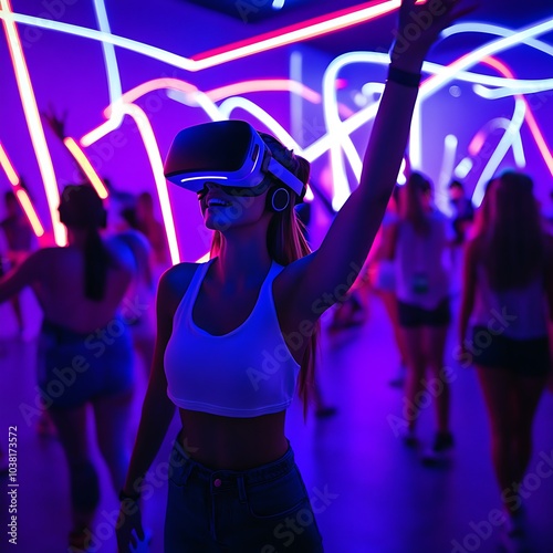 Vibrant nightlife scene with people dancing under neon lights