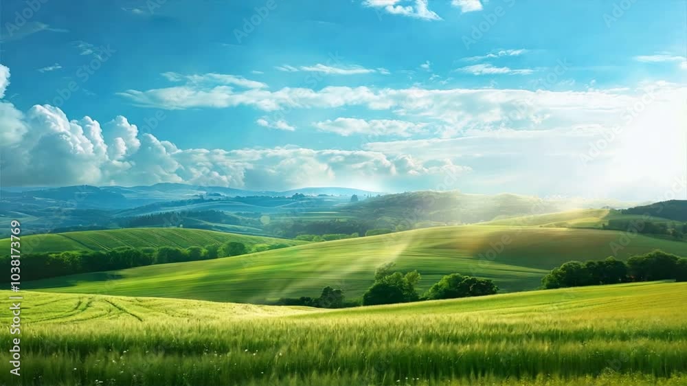 Tranquility in Nature Serene Landscape of Rolling Green Hills Beneath Bright Blue Sky, Fluffy White Clouds, and Sunlight Over Idyllic Fields Tranquility in Nature Serene Landscape of Rolling Green Hills Beneath Bright Blue Sky, Fluffy White Clouds, and Sunlight Over Idyllic Fields