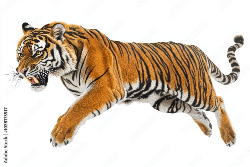 Obraz premium A fierce tiger in mid-leap, showcasing its powerful physique and striking orange and black stripes, symbolizing strength and beauty.