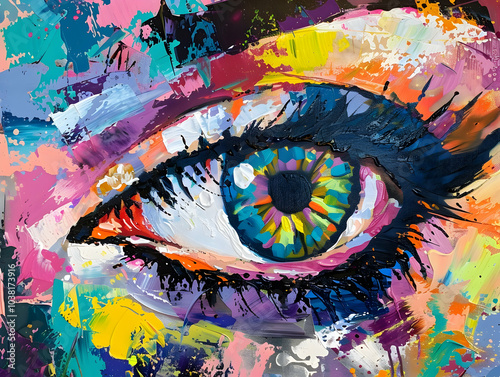 Abstract painting of an eye, with colorful and vibrant colors, and thick brush strokes. 