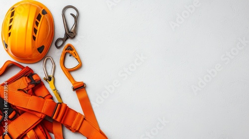 Essential Adventure Equipment for Camping and Climbing - Safety Gear, Helmet, Carabiners, and Harness on White Background