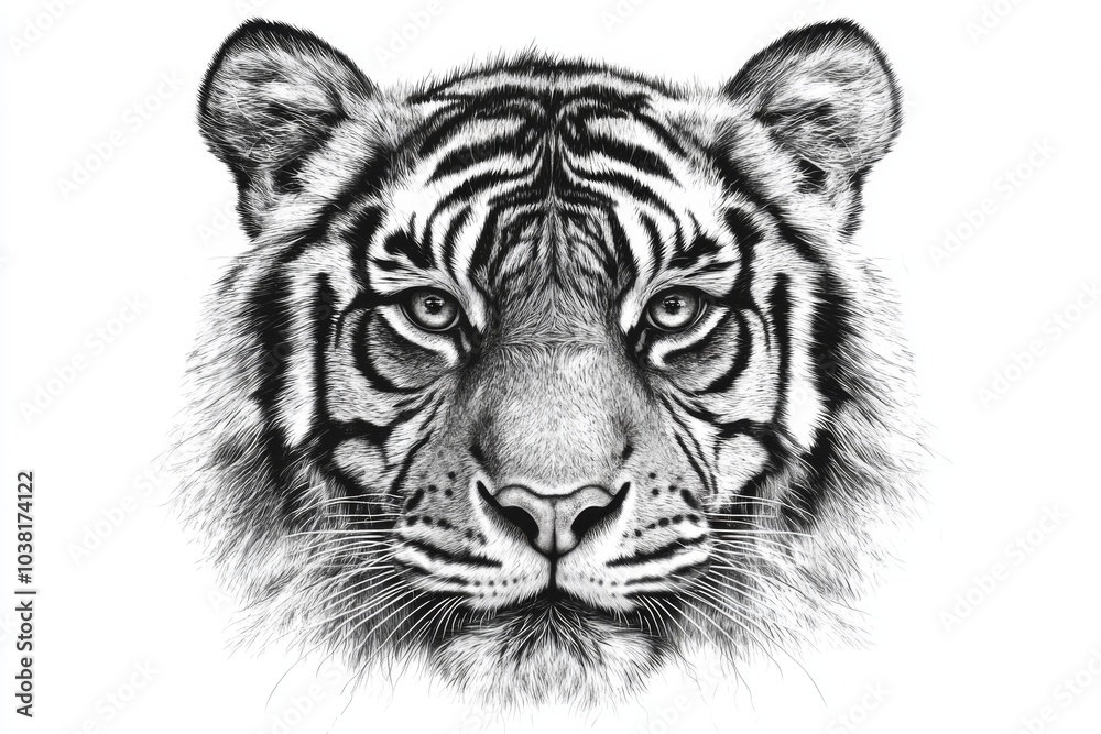 Naklejka premium Black and White Tiger Portrait Closeup of Face Realistic Pencil Drawing