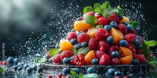 Towering Arrangement of Healthy Food Items, Vibrant Colors and Dynamic Motion, Eye Catching Display
